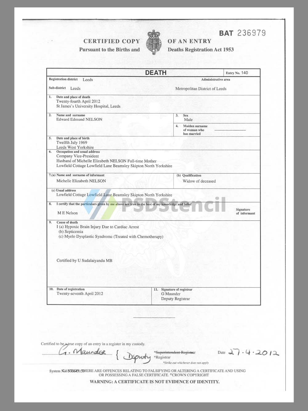 UK Yorkshire Death Certificate Template英国约克郡死亡证明PS/PSD模板