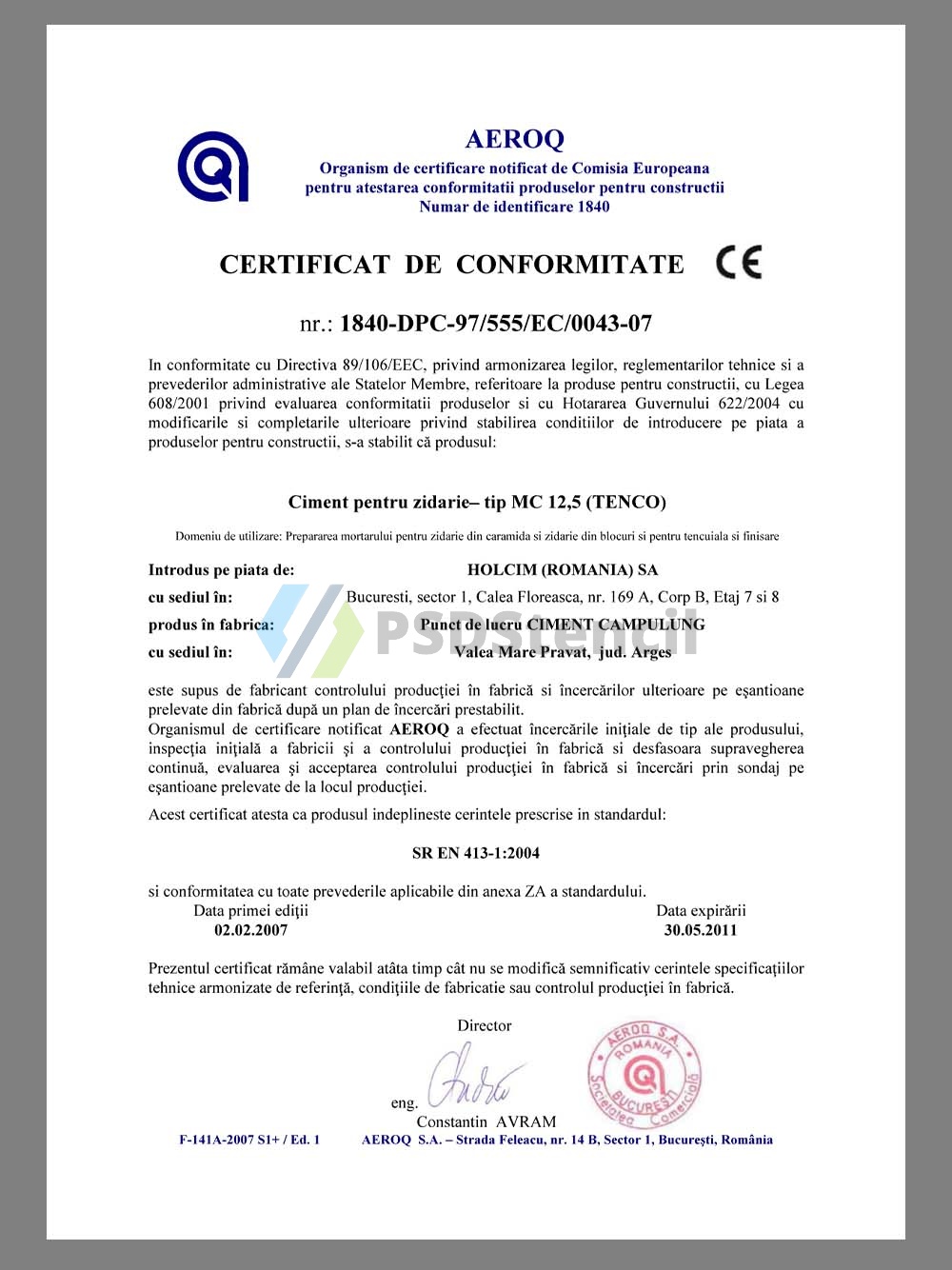 EU Romanian AEROQ Certifiation(construction products)欧盟罗马尼亚建筑材料测试合格证书pdf模板