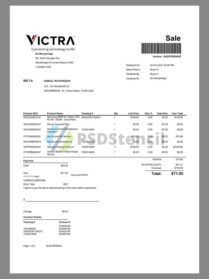 北美|USA Victra Sale Invoice美国消费购物账单/KYC地址证明word/pdf模板