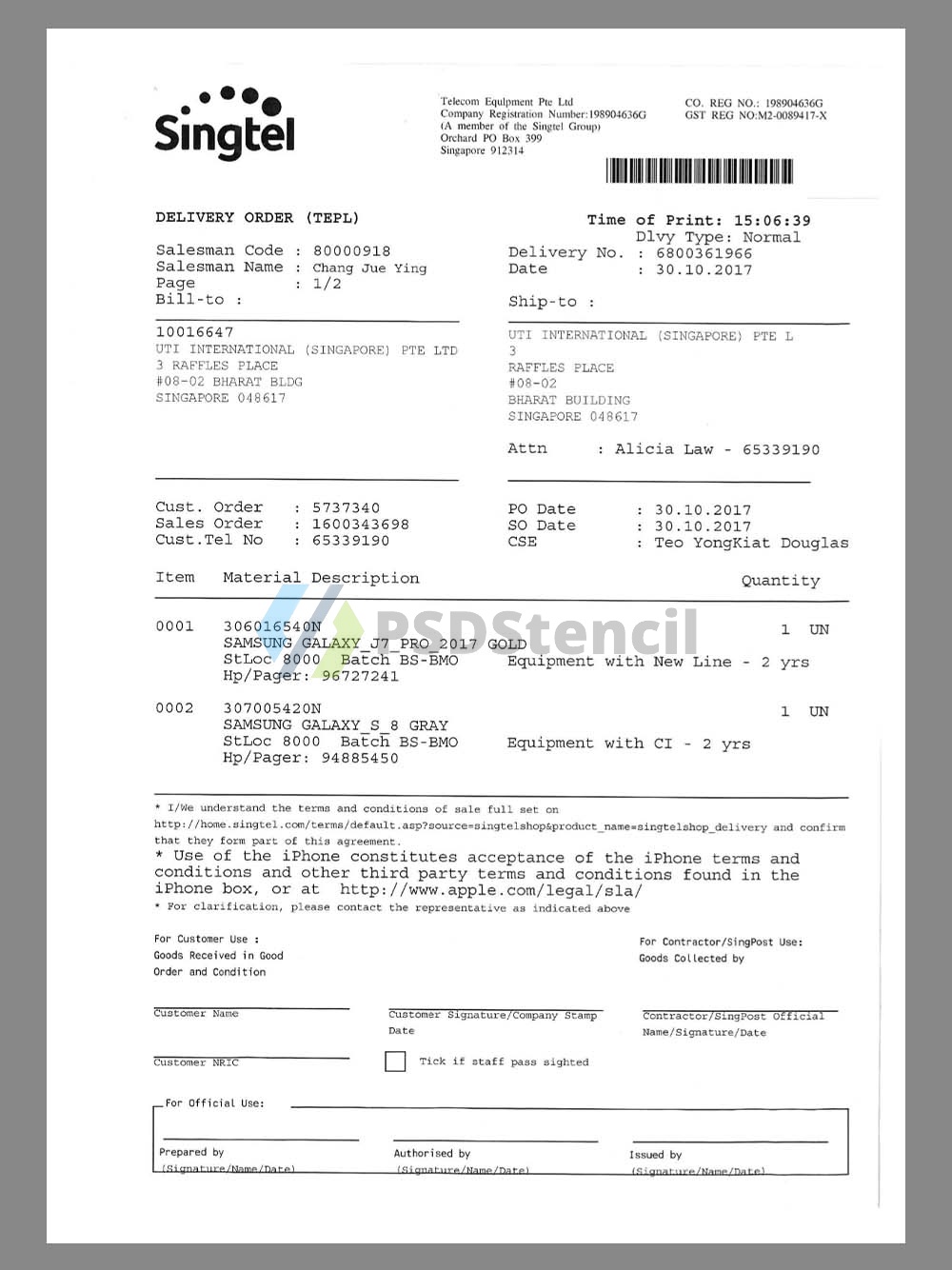 东南亚|Singapore Singtell Telcom Invoice新加坡新电信销售账单pdf模板