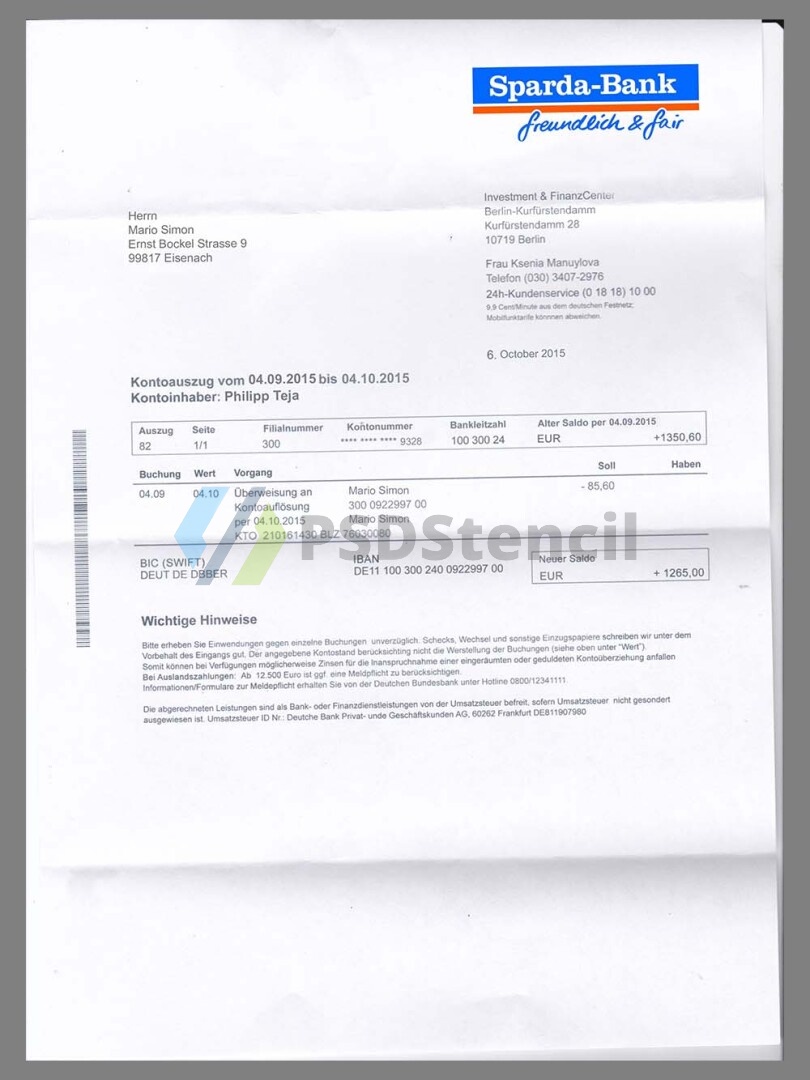 欧盟|德国Germany Sparda Bank Statement银行账单/KYC地址证明psd模板