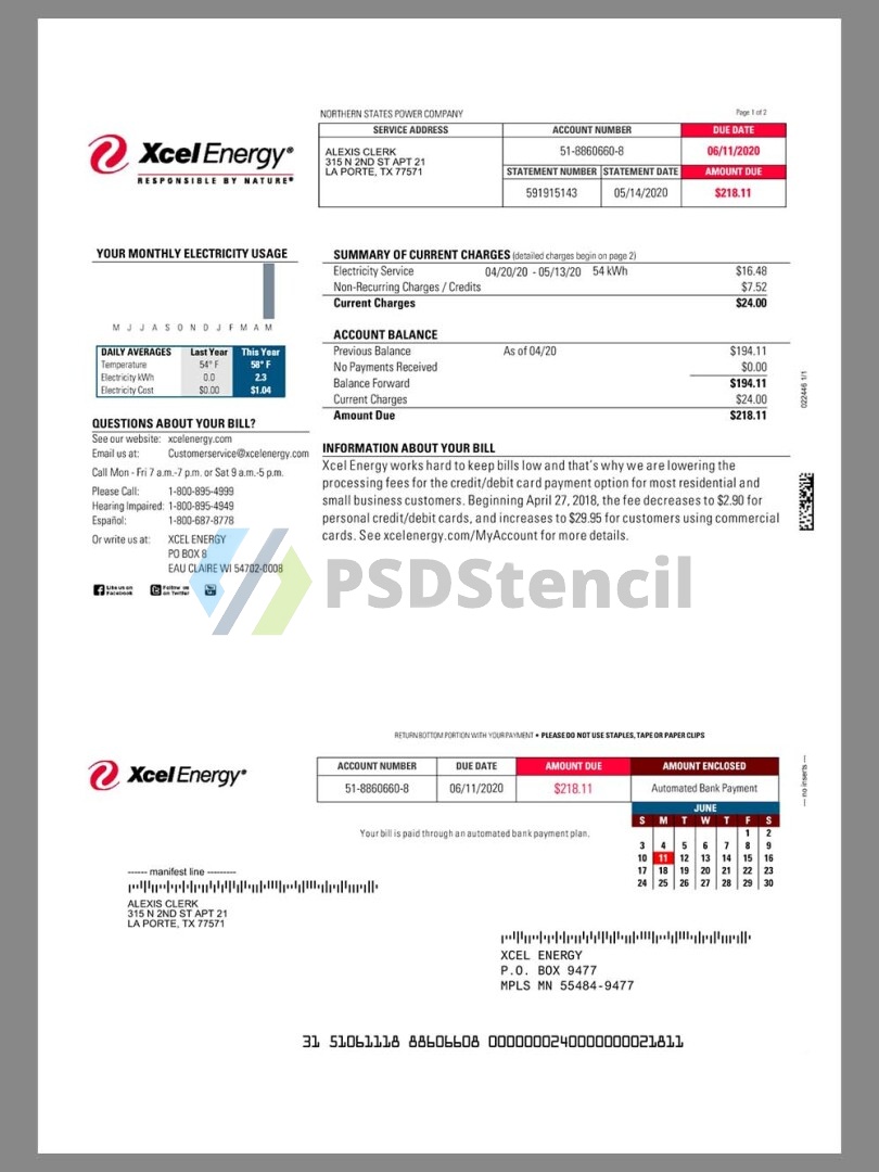 USA Xcel Energy Utility Bills美国水电费账单/KYC地址证明word/pdf模板