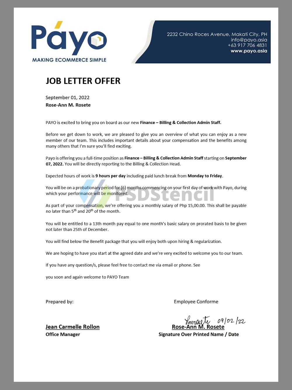 Philippines Payo.asia Job Offer Letter菲律宾电商公司工作邀请函Word模板