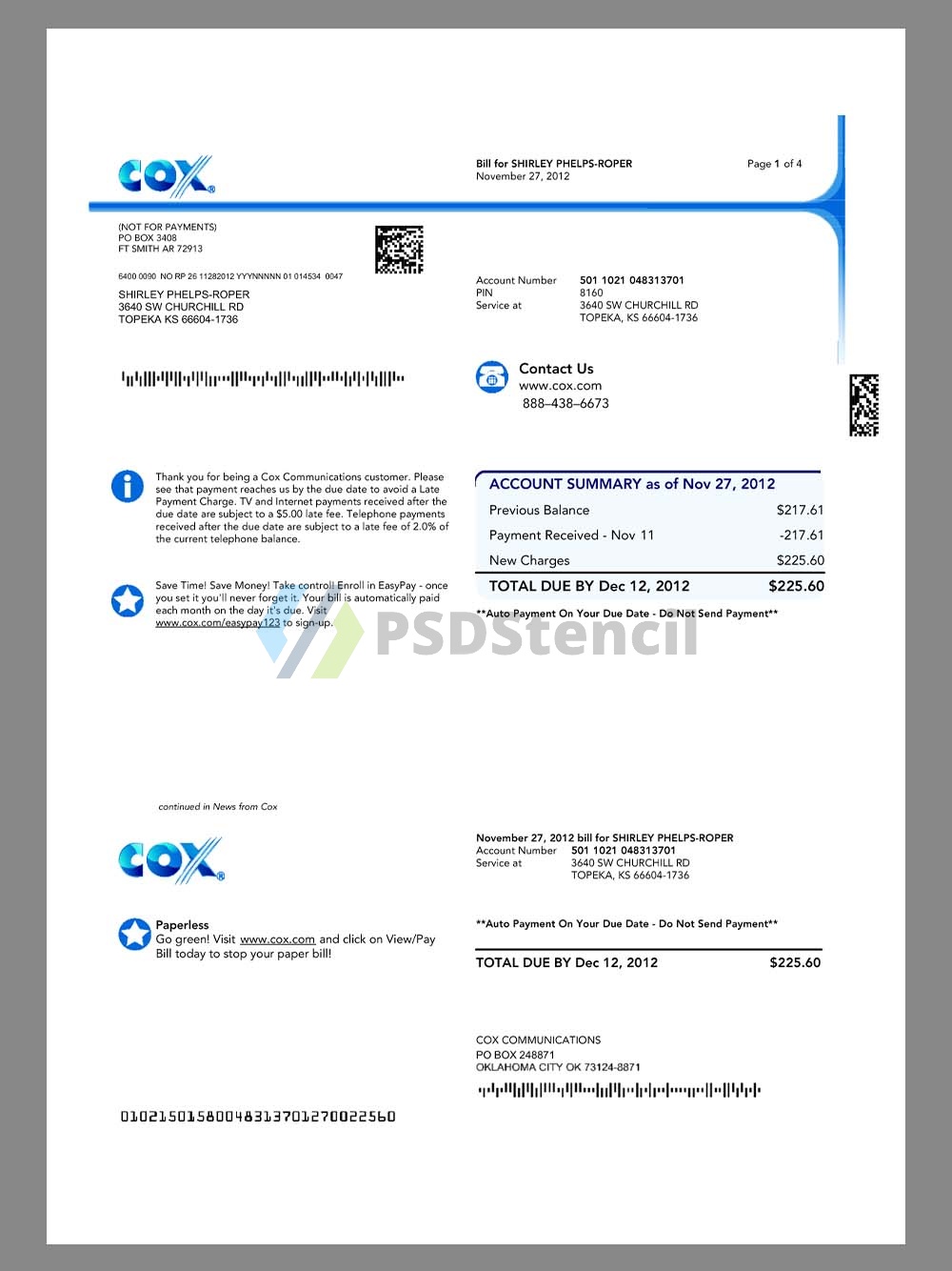 America COX.com Paystub template美国电信公司收入证明/工资账单PDF模板