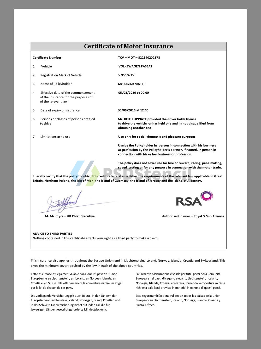 UK Certificate of Motor Insurance英国机动车保险证书pdf模板