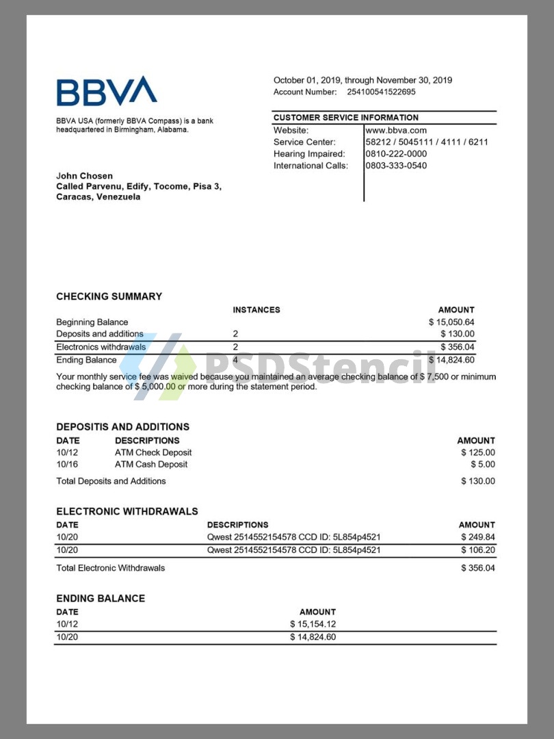 BBAV Bank Statement银行账单/KYC地址证明word模板