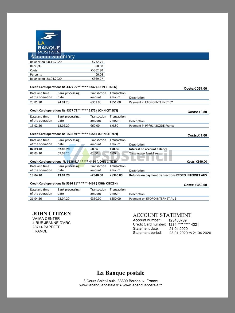 France LA Banque Postale Credit Card Statement法国银行信用卡账单pdf模板