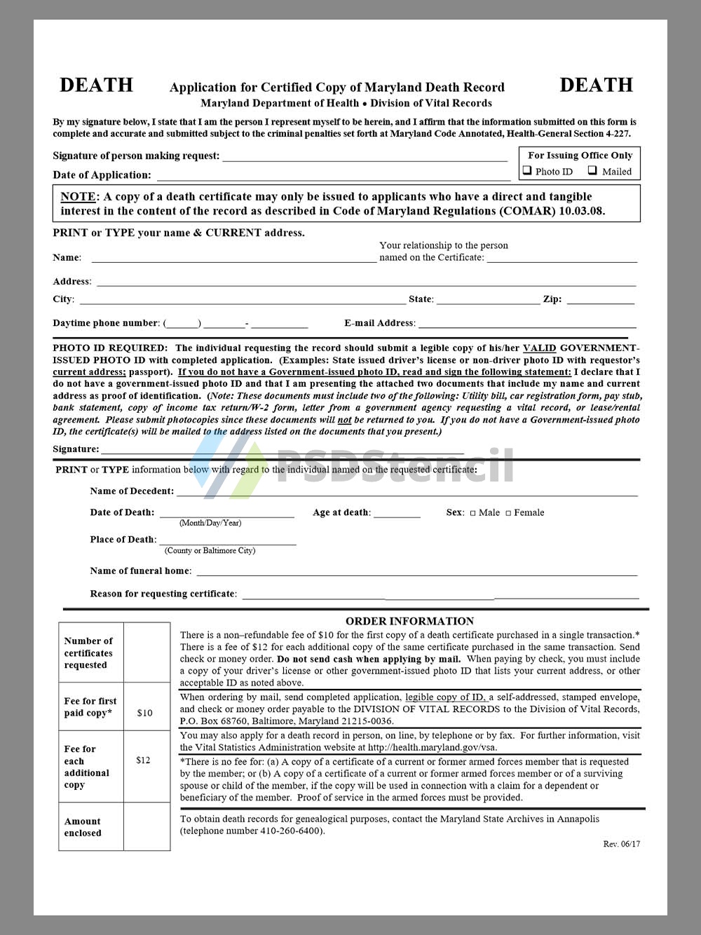 USA Maryland Death Certificate美国马里兰州死亡证明word模板