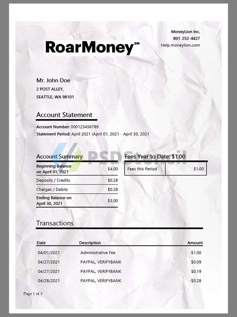 MoneyLion Bank Statement银行账单/KYC地址证明word模板