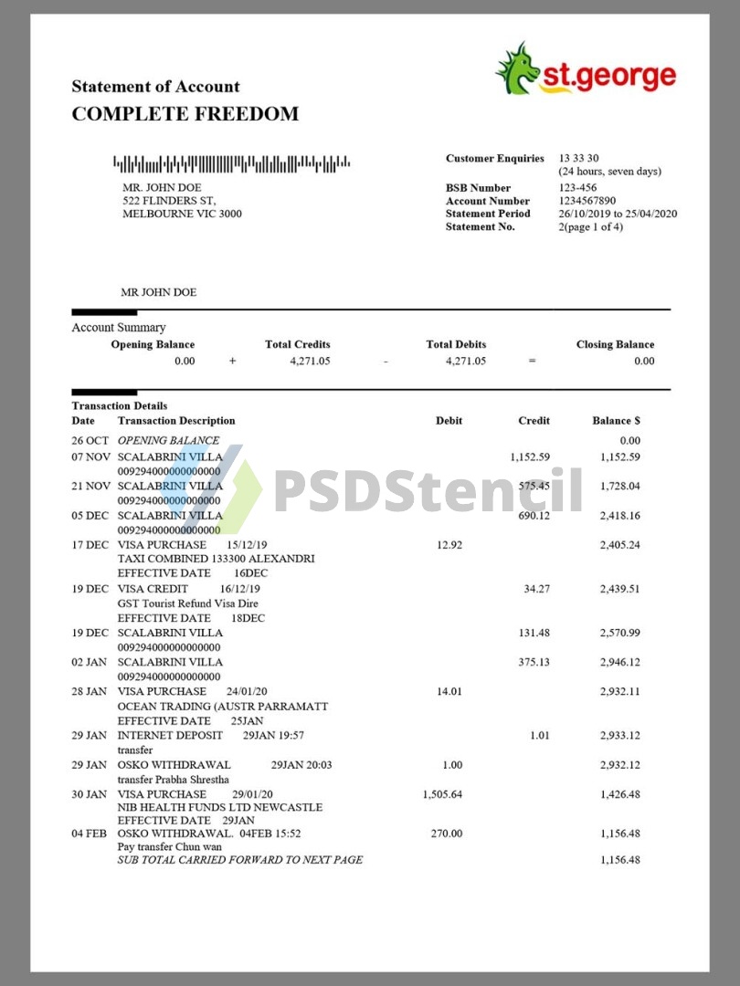 澳大利亚St George Bank Statement银行账单/KYC地址证明word模板