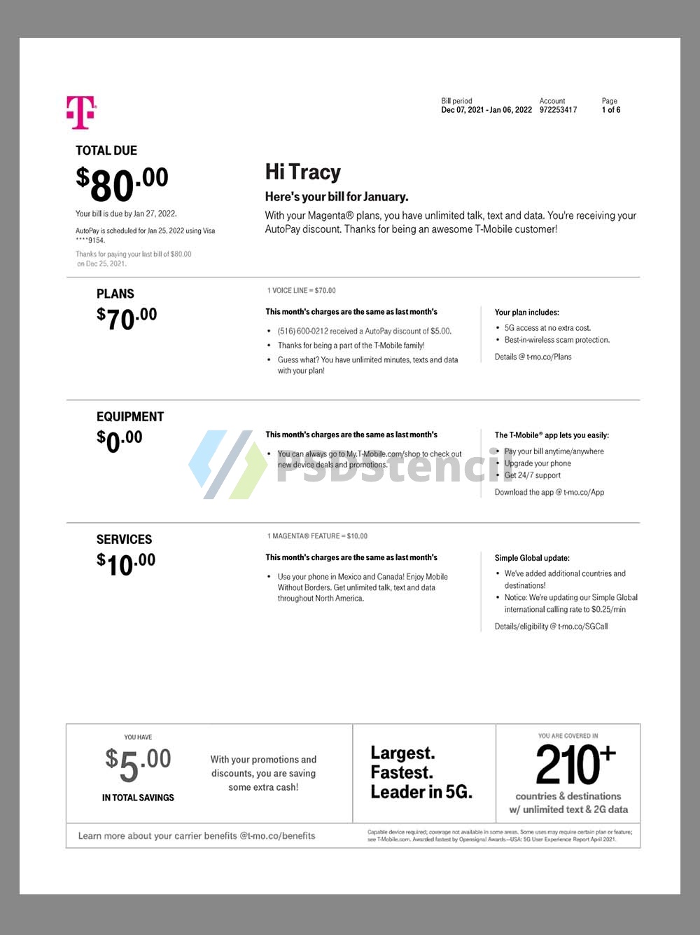USA T-mobile Invoice美国移动话费账单pdf模板
