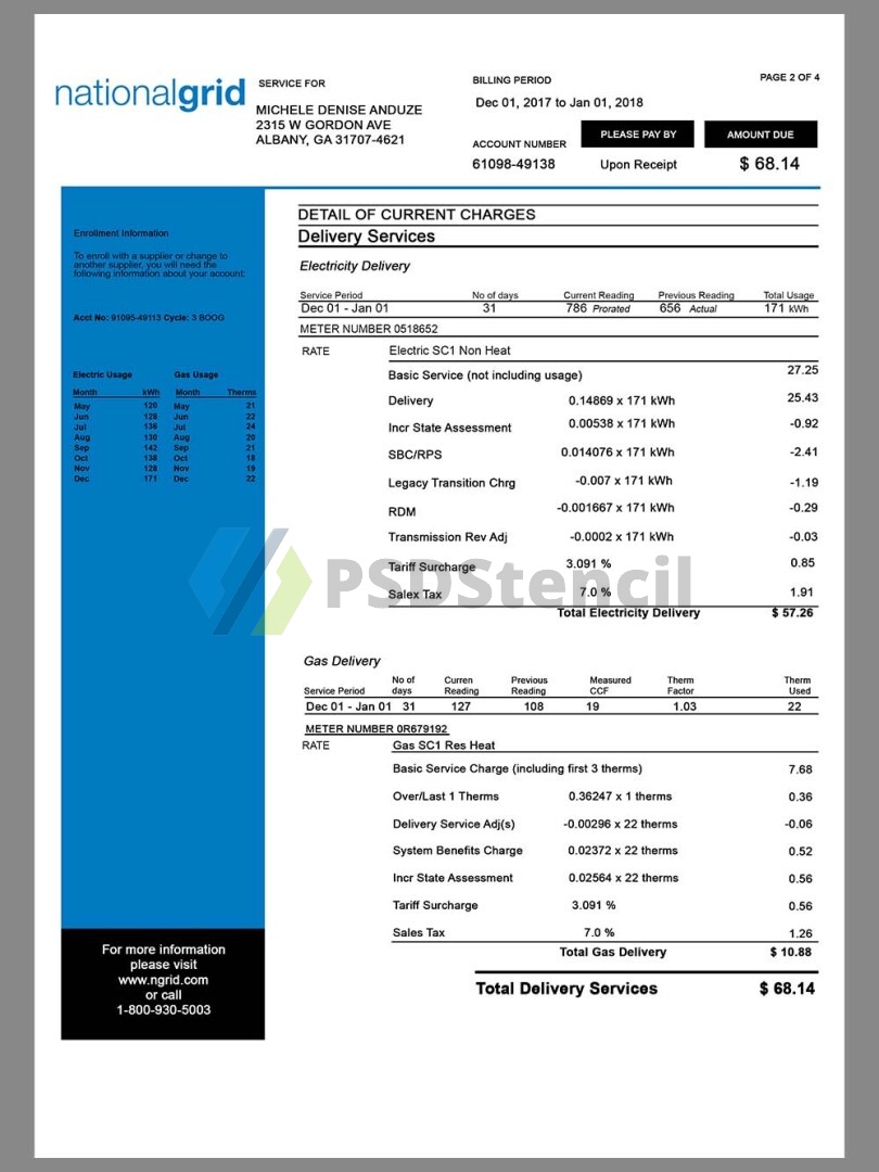 USA&UK NationalGrid Utility Bills美国/英国水电费账单PS/PSD模板
