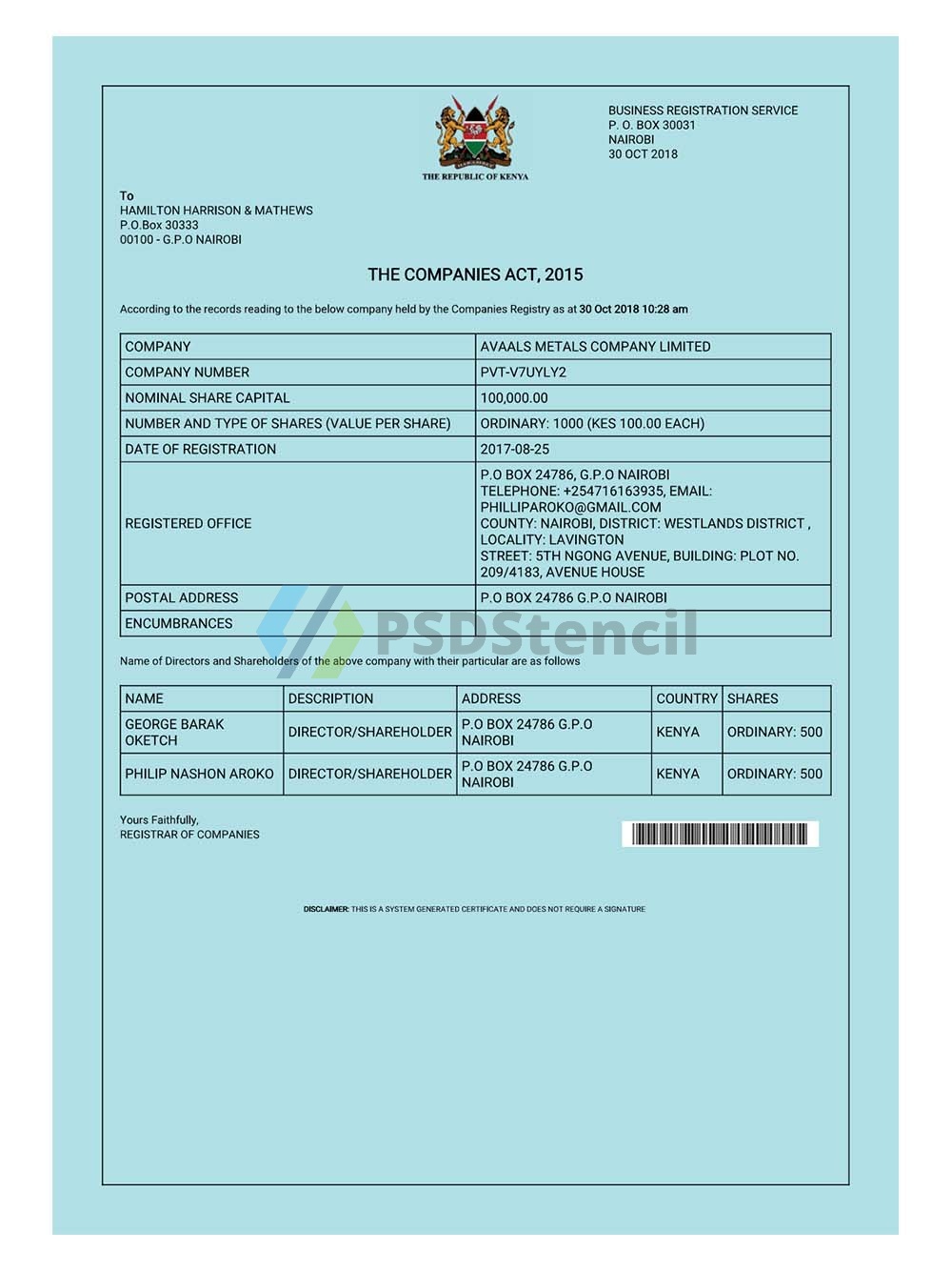 Kenya Business Registration Certificate肯尼亚营业执照pdf模板