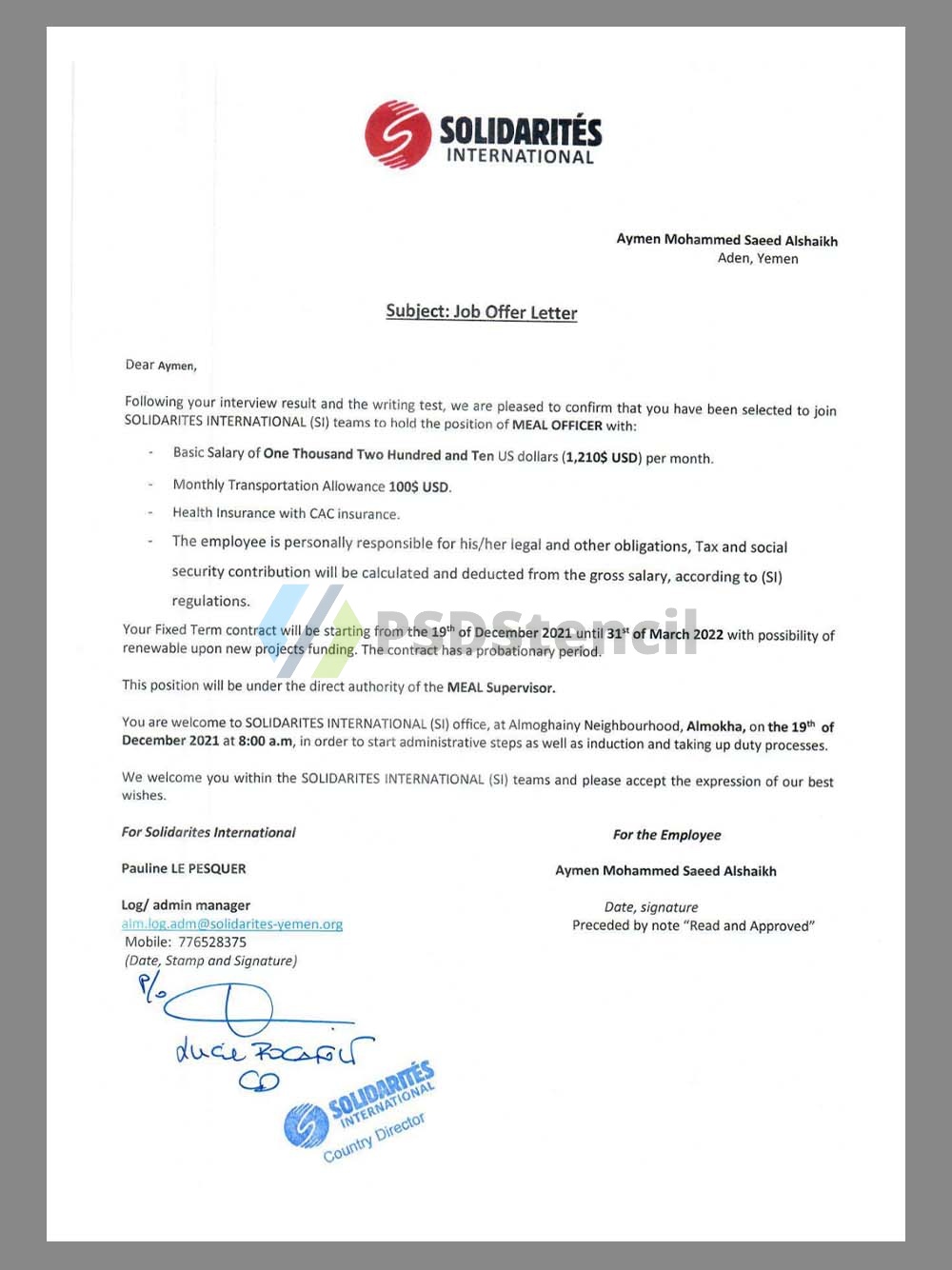 Solidarités International Job Offer Letter国际团结组织工作邀请函PDF模板