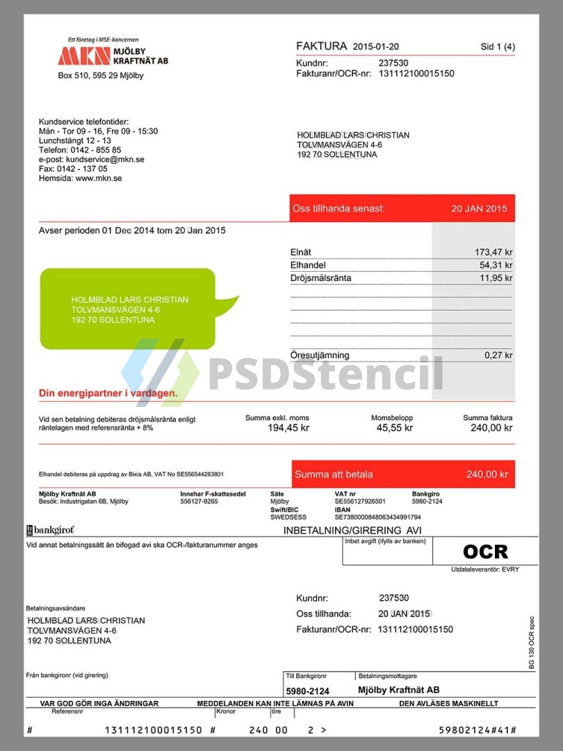 北欧|Sweden MKN Utility Bills瑞典水电费账单/KYC地址证明PS/PSD模板