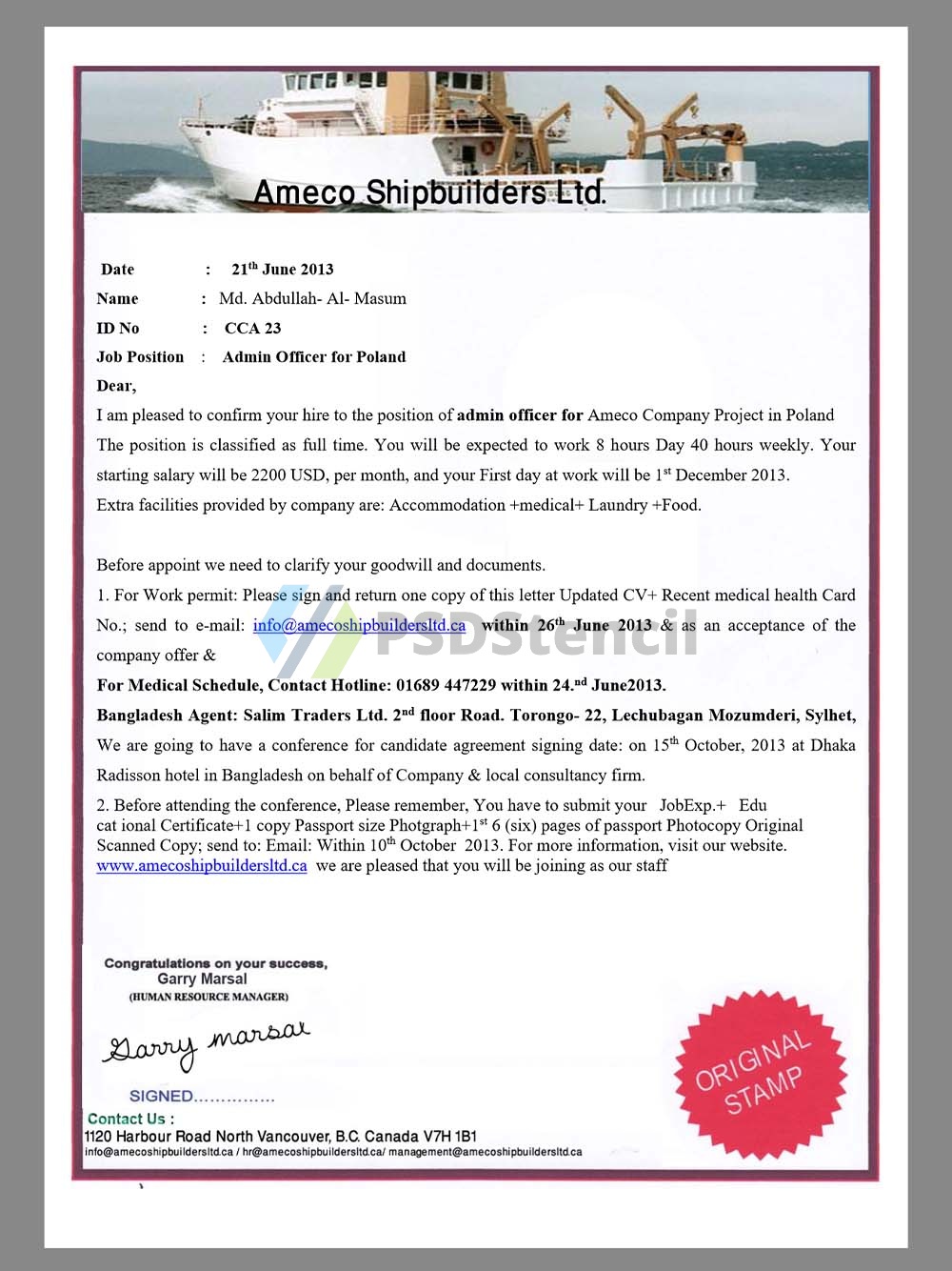 Ameco Shipbuilders Company Job Offer Letter工作邀请函Word模板