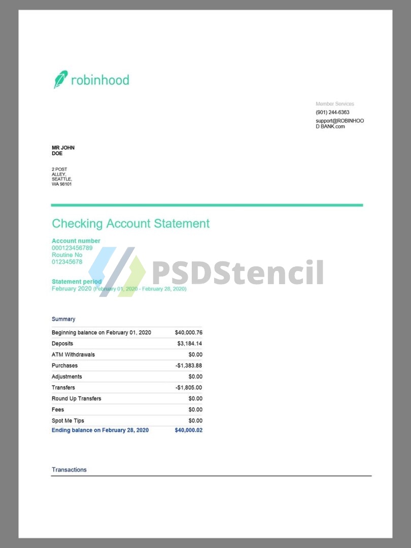 美国Robinhood Bank Statement银行账单/KYC地址证明word模板