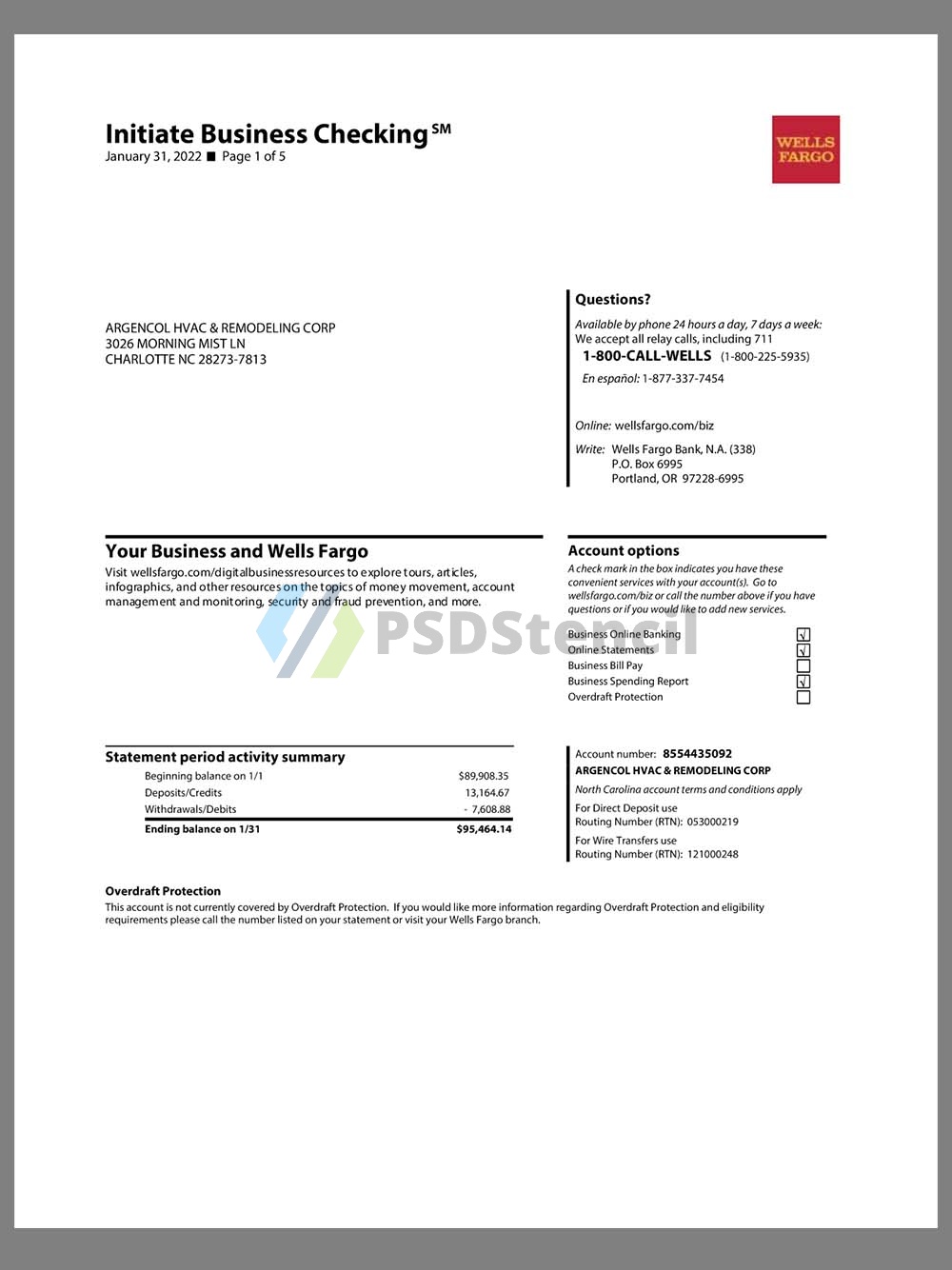 USA Wells Fargo Enterprise Account Bank Statement美国富国银行公司账单pdf模板(V1)