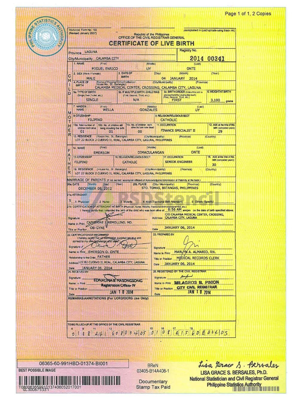 东南亚| Philippines Birth Certificate Template菲律宾出生证明PDF模板（V2）