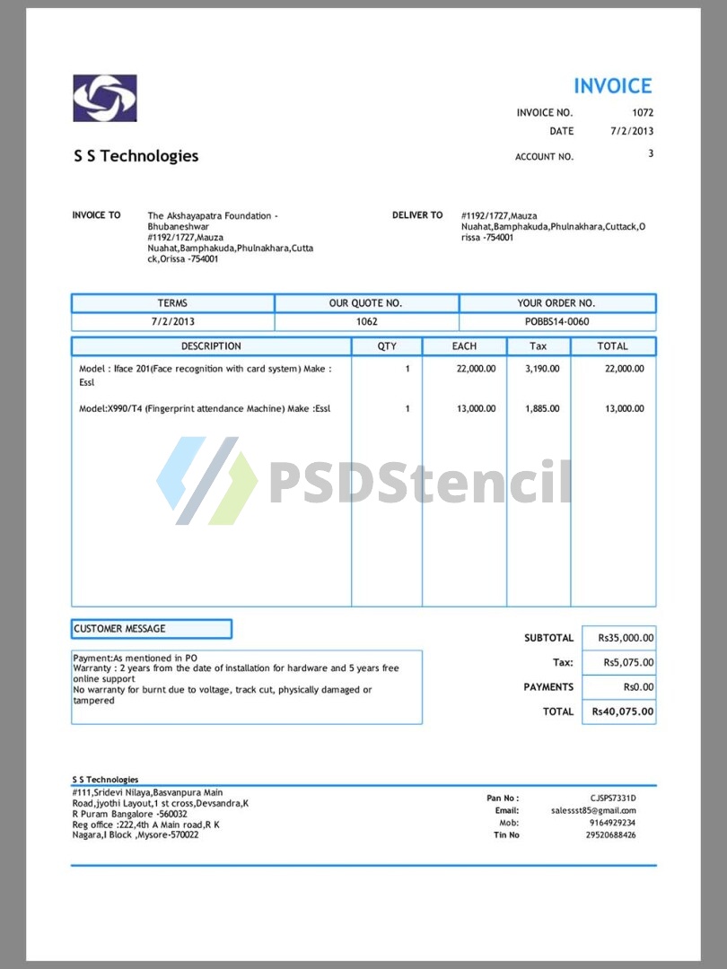 南亚|India SS Technologies Invoice印度软件购物账单word/pdf模板