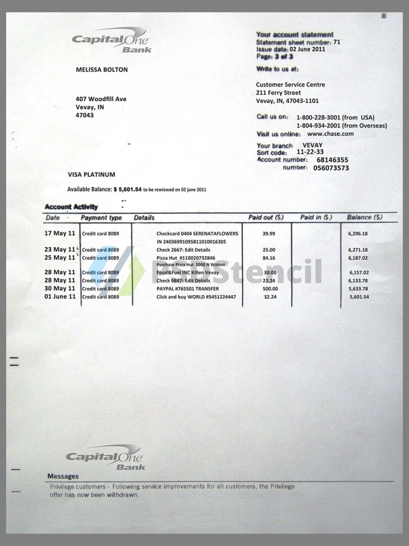 美国Capital One Bank Statement银行账单/KYC地址证明psd模板