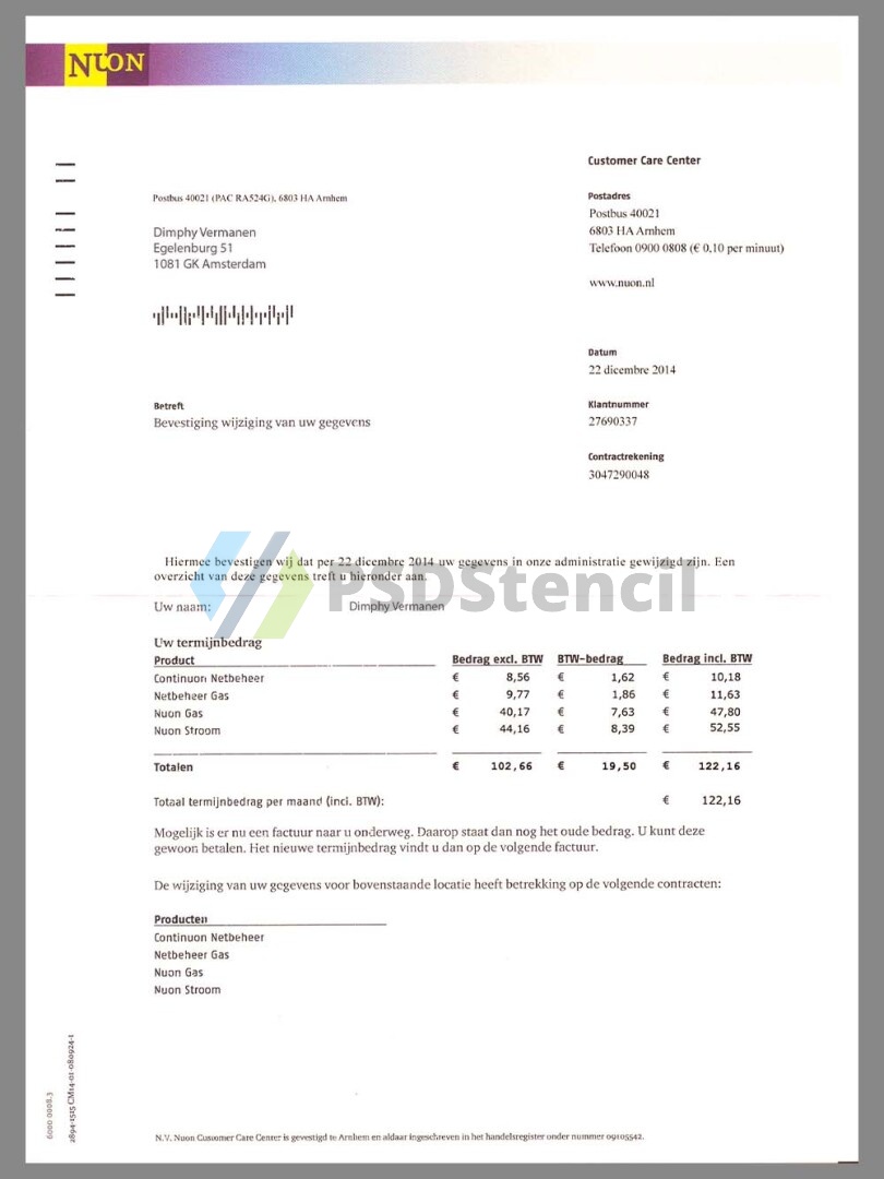 欧盟|Netherlands NUON Gas Utility Bills荷兰水电费账单PSD/PS模板