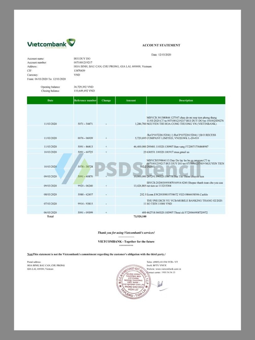 东南亚|Vietnam Vietcombank Statement越南银行信用卡账单/KYC地址证明pdf模板