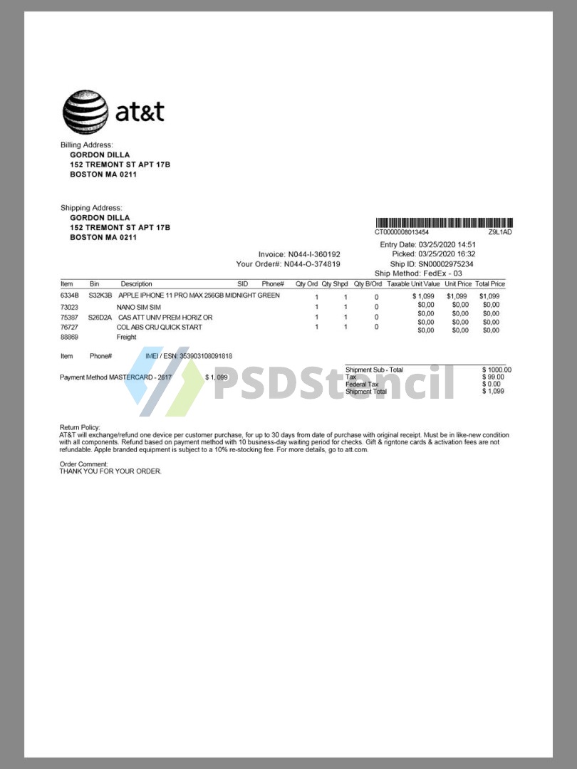 北美|USA AT&T Buy Iphone Invoice美国购物账单/KYC地址证明word/pdf模板