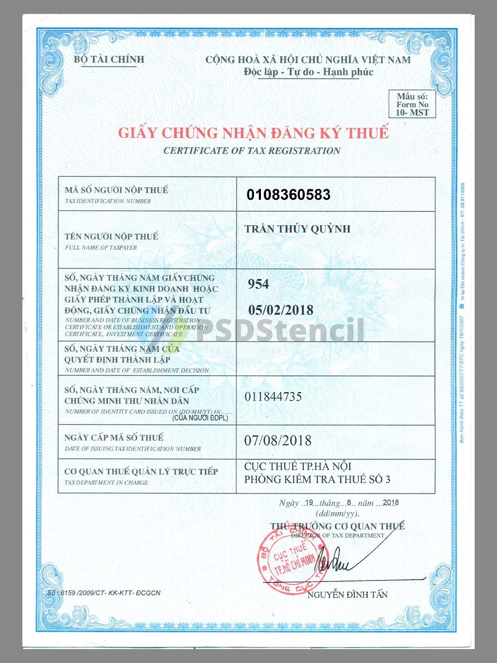 Vietnam Certificate of Tax Registation 越南公司税务登记证PS/PSD模板
