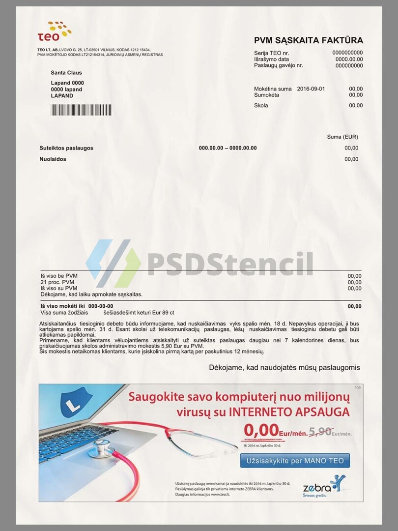 东欧|Lithuania TEO Telecom Bills立陶宛话费/水电费账单psd/ps模板