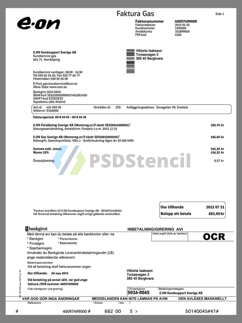 北欧|瑞典Sweden E.On & Kraf Energy Utility Bills水电费账单/KYC地址证明psd模板