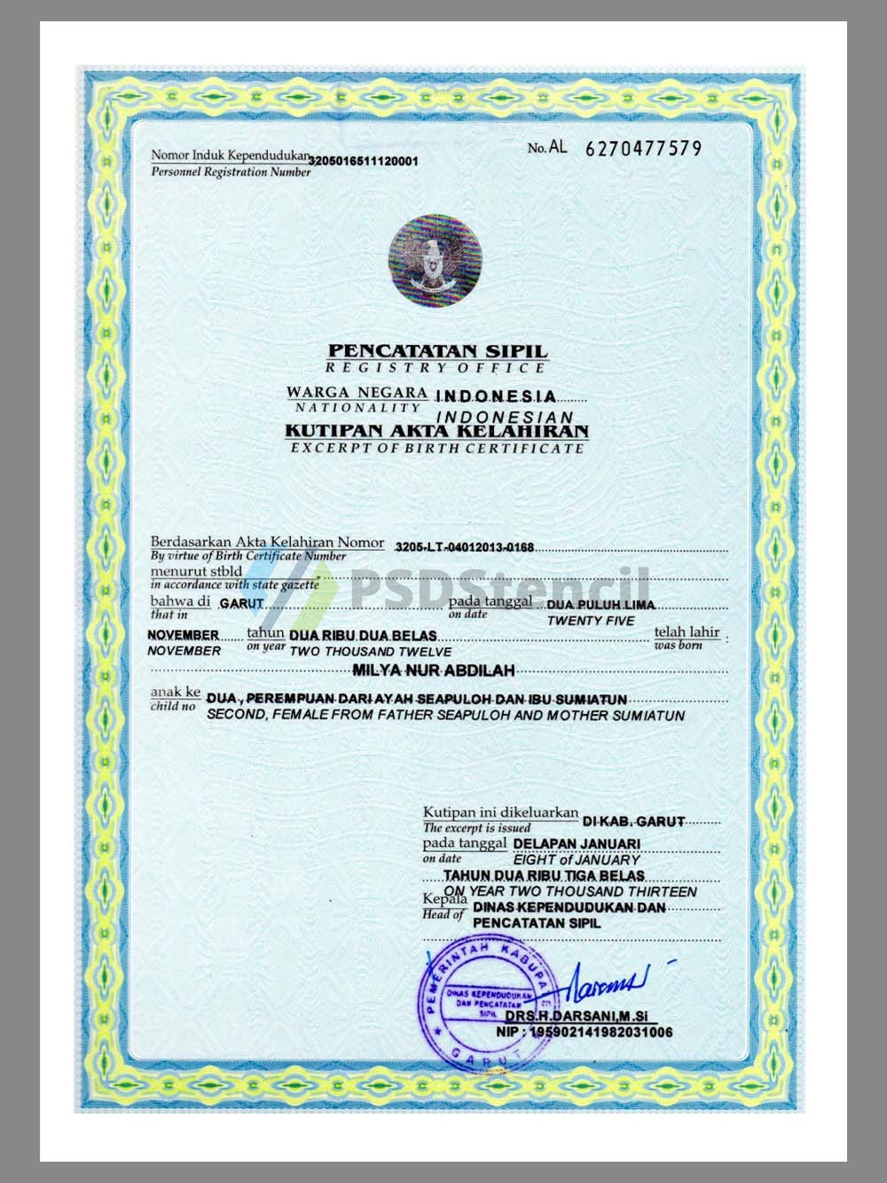 东南亚|Indonesia Birth Certificate印度尼西亚/印尼出生证明pdf模板