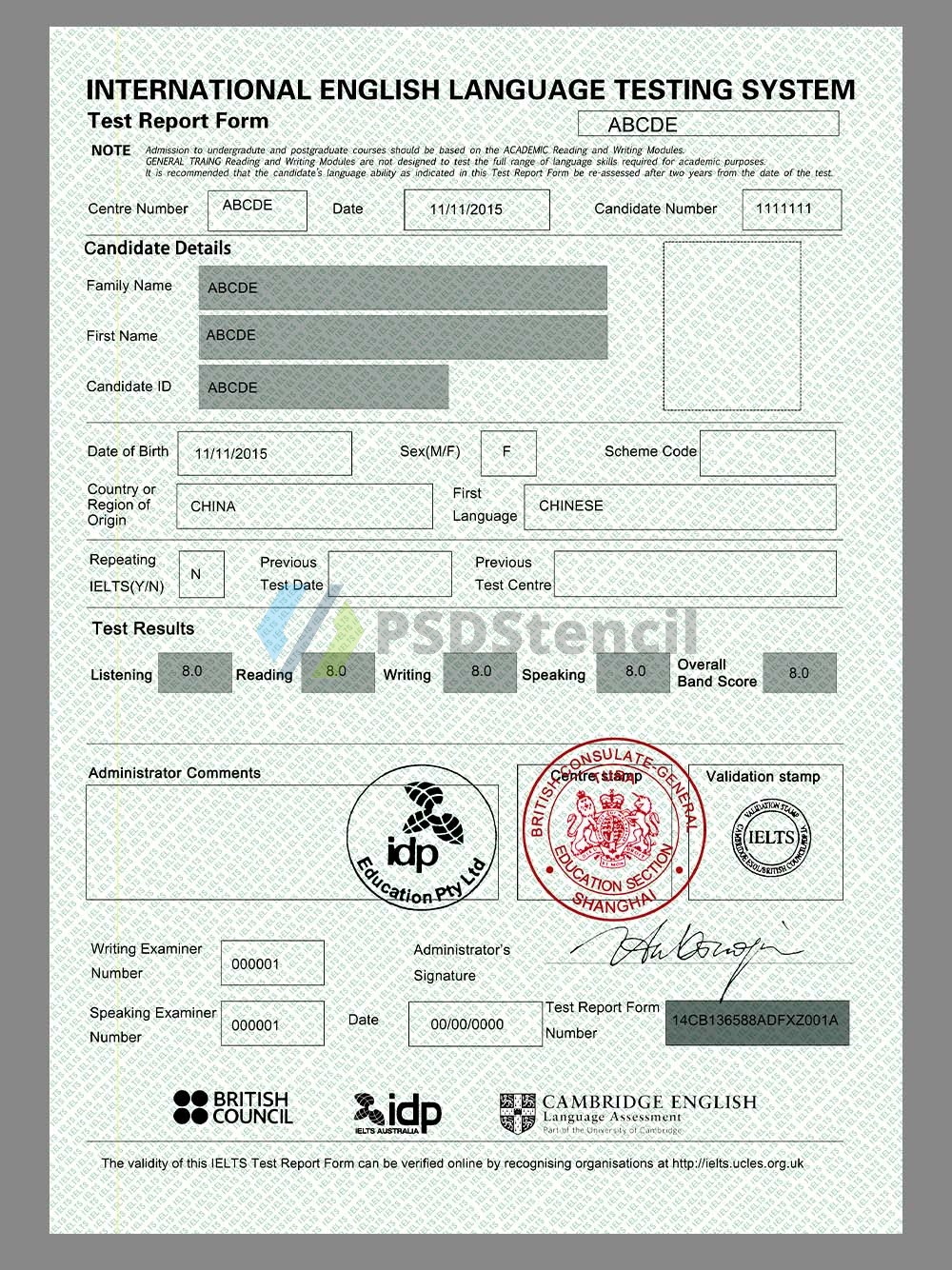 IELTS Test Report雅思英语考试成绩证书PS/PSD模板