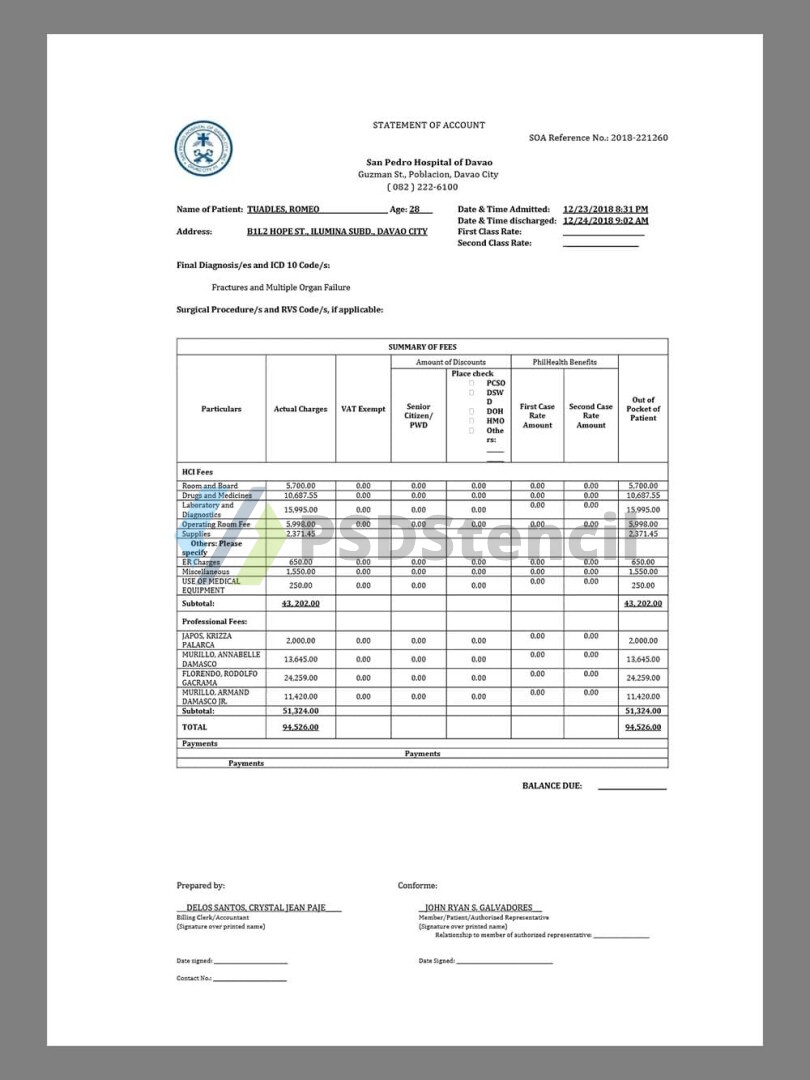 东南亚|菲律宾Philippines Davao San Pedro Hospital Bill医院账单/KYC地址证明pdf模板