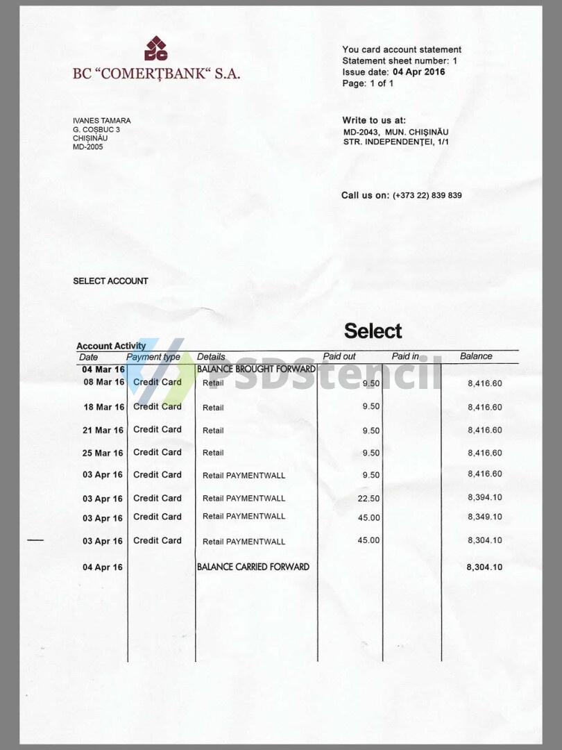 东欧|Comertbank MDA Statement银行账单/KYC地址证明psd模板
