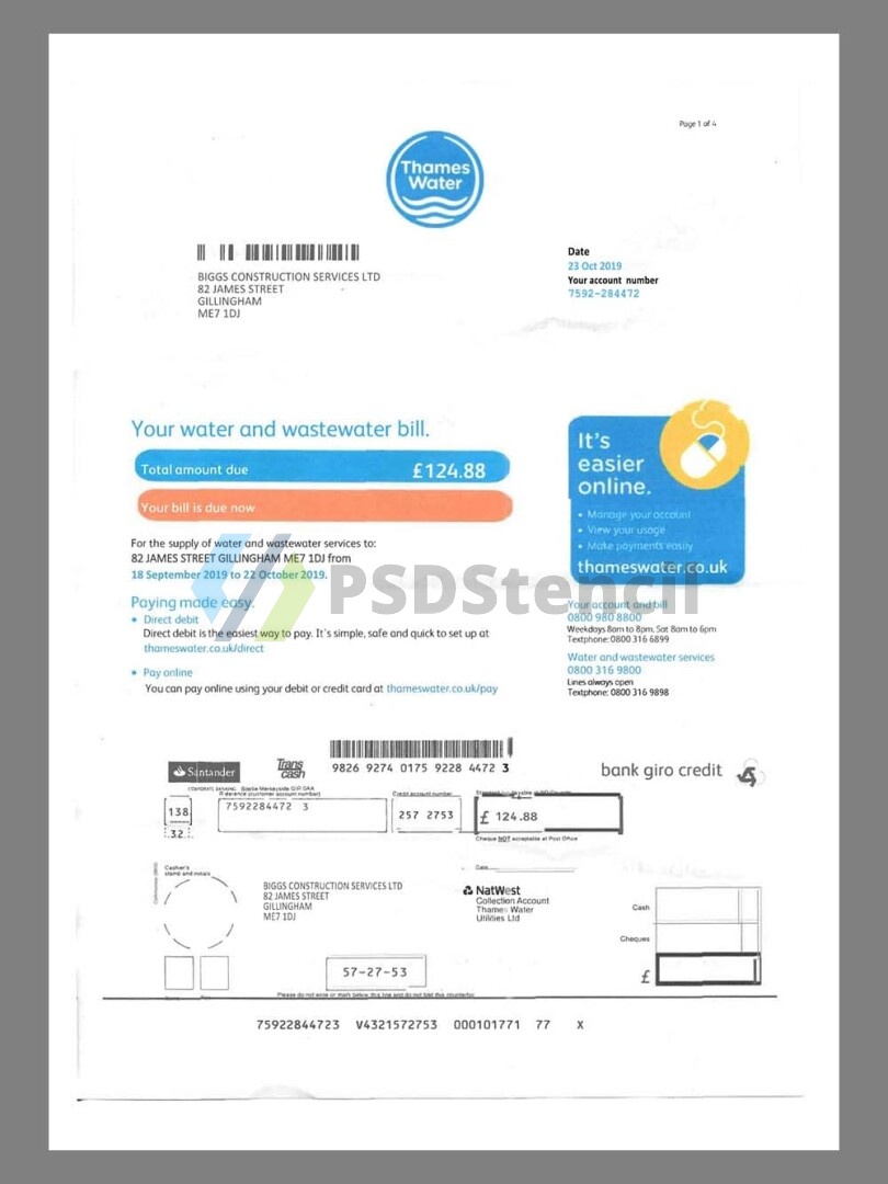 英国UK Thames Water Utility Bills水电费账单/KYC地址证明pdf模板