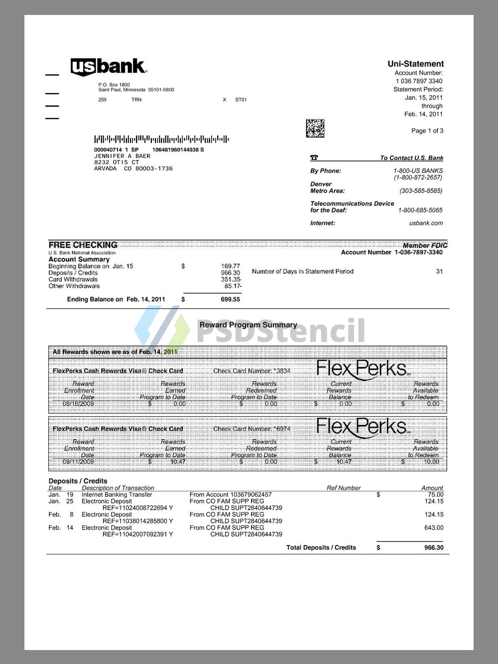 US Bank Stements & Rewards template美国银行存款收入证明PDF模板