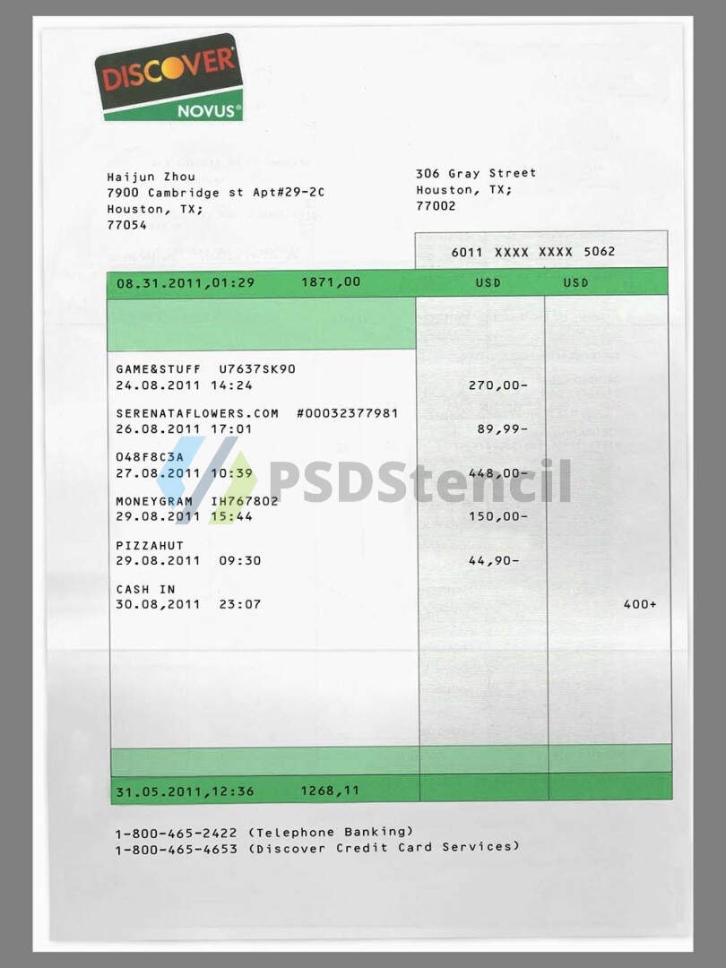 美国Discover Bank Statement银行账单/KYC地址证明psd模板