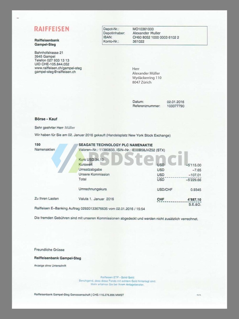 欧盟|Switzerland瑞士Raiffeisen银行账单/KYC地址证明psd模板