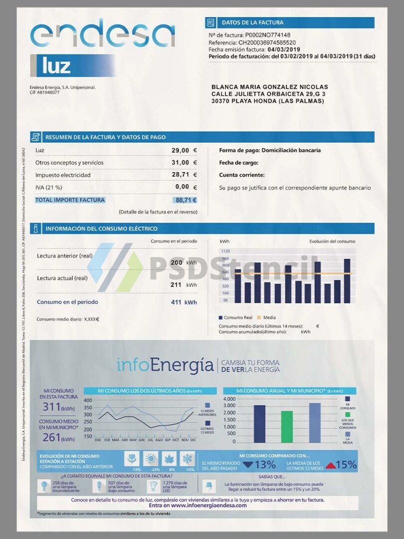 欧盟|Spanish Endesa Utility Bills西班牙水电费账单/KYC地址证明PS/PSD模板