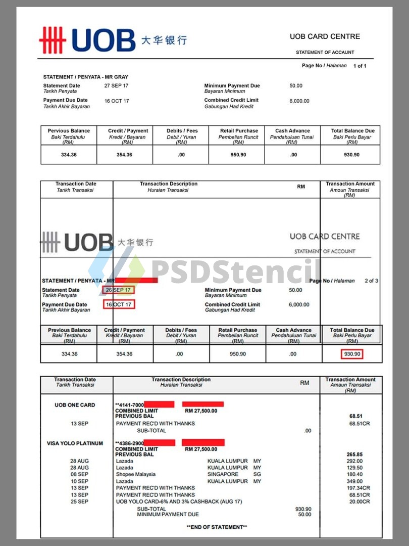 东南亚|新加坡大华银行Uob Bank Statement银行账单/KYC地址证明psd模板