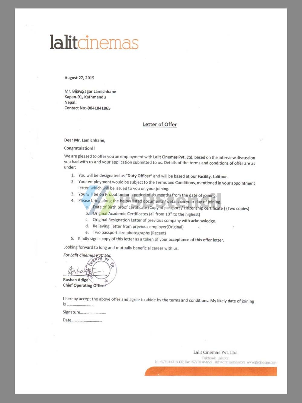 India Lalit Cinemas Job Offer Letter印度电影公司工作邀请函PDF模板