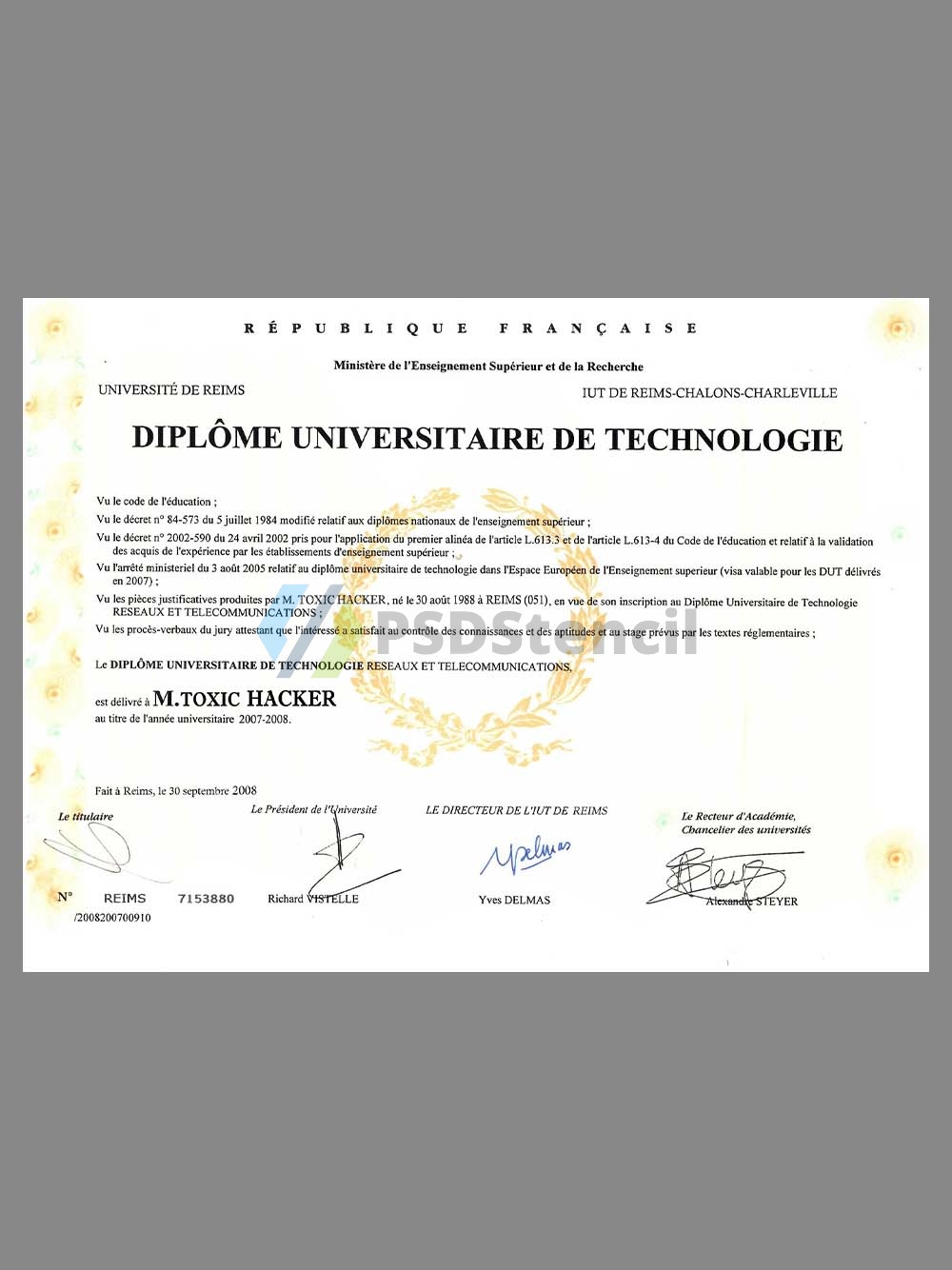 France University Diploma Certificate法国大学学位证书PS/PSD模板(V2)