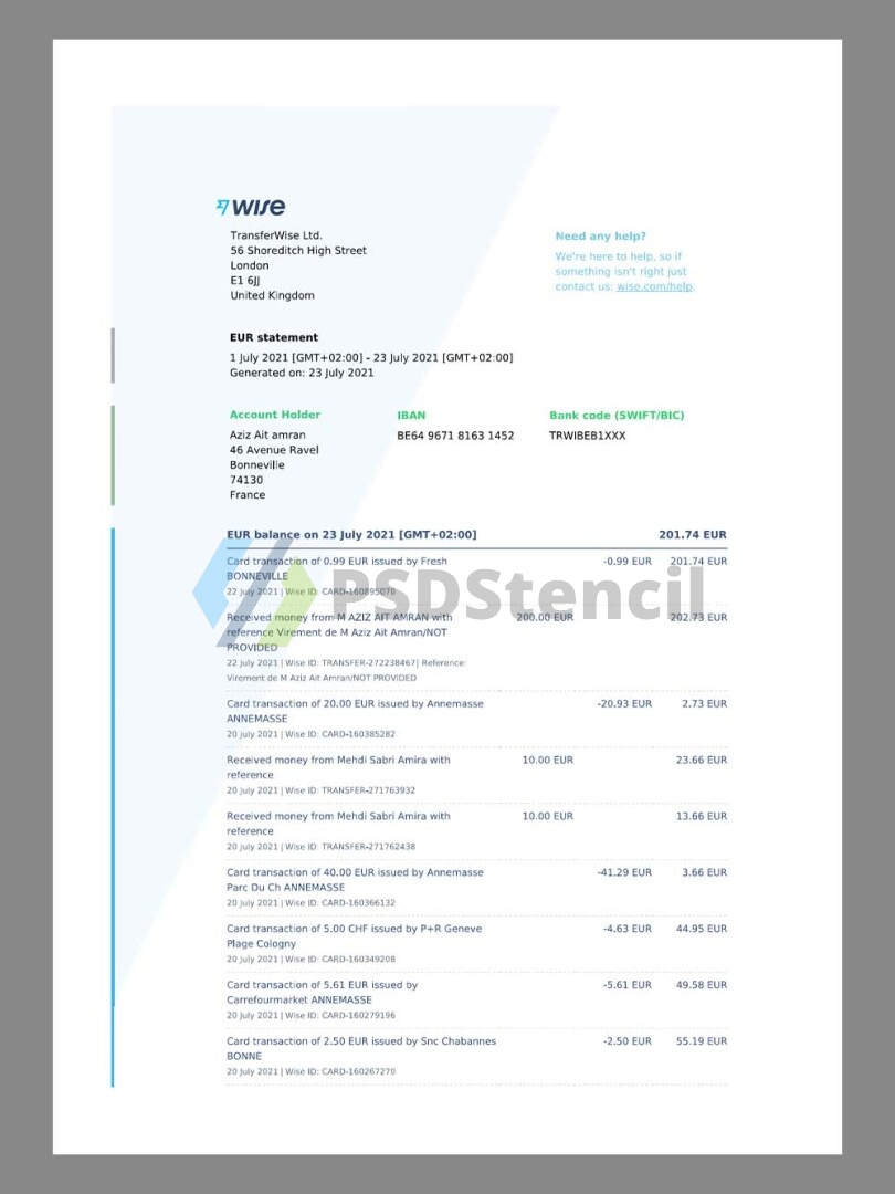 Transferwise/Wise EUR Balance Statement银行账单/KYC地址证明word模板
