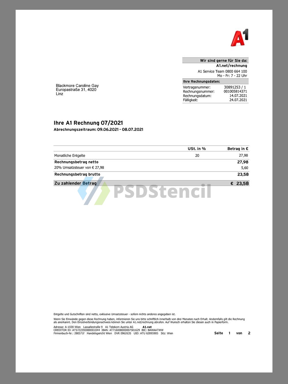 Austria A1 Telekom Phone Utility Bill奥地利话费账单pdf模板