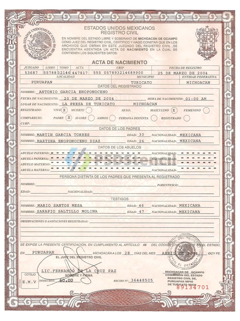 Mexico Birth Certificate Template墨西哥出生证明PS/PSD模板