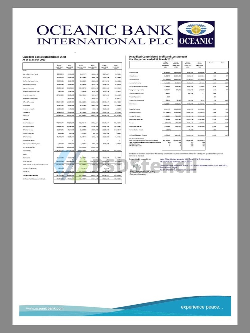 非洲|尼日利亚Nigeria Oceanic Bank International Statement银行账单/KYC地址证明pdf模板