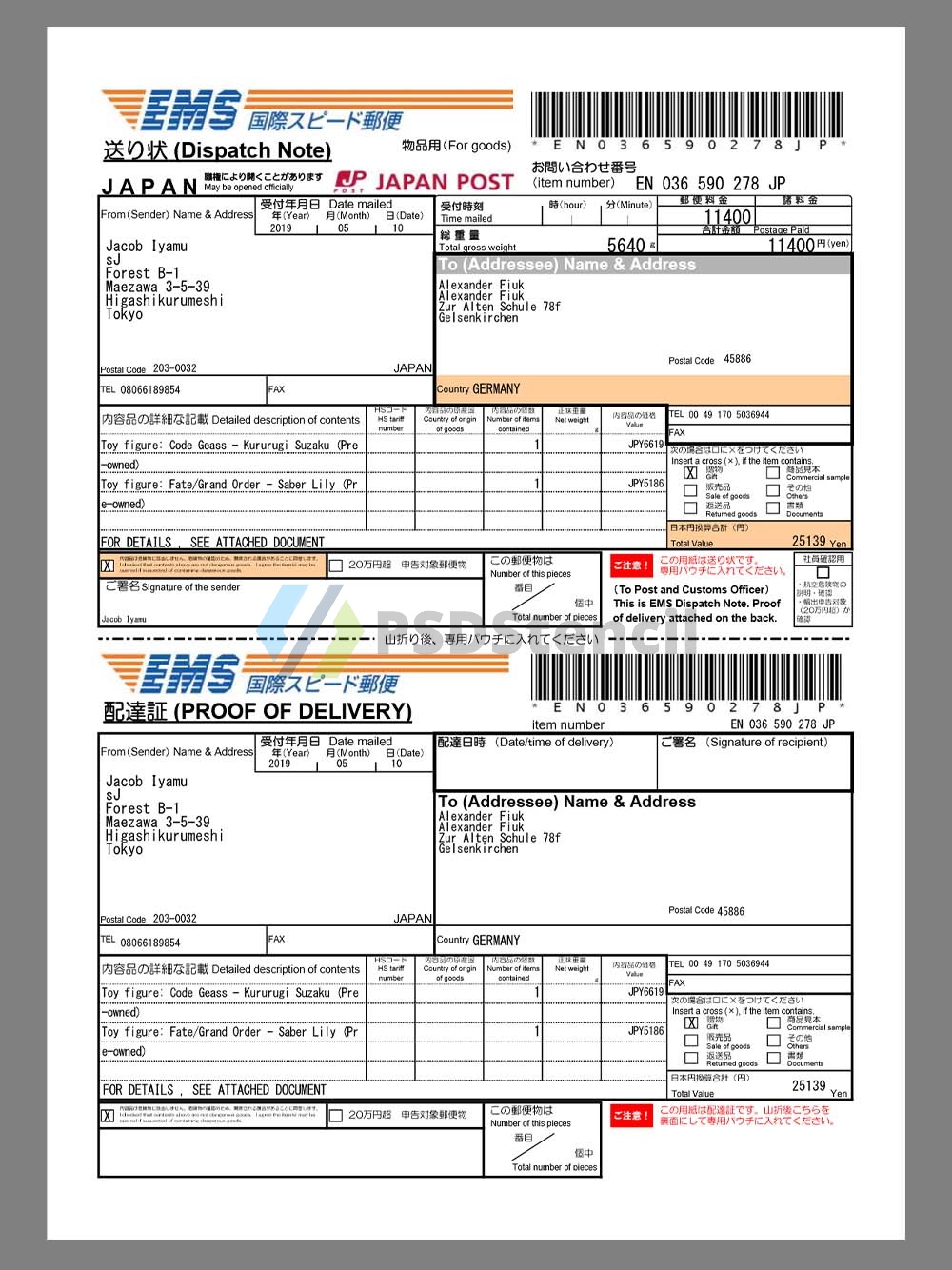 Japan EMS Invoice日本邮政快递账单pdf模板