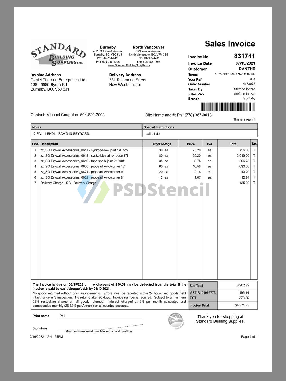 Canada Standard Building Supplies Sales Invoice加拿大建材公司销售账单pdf&word模板
