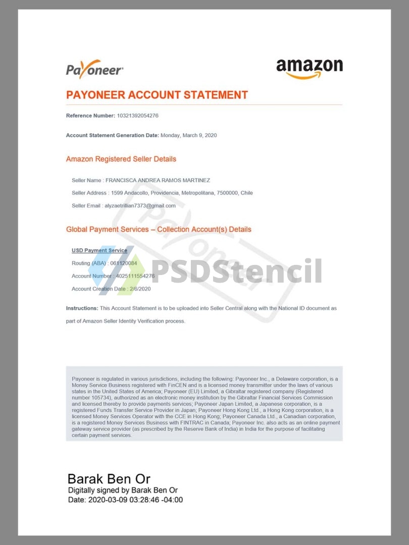 Payoneer account Statement派安盈注册Amazon账单/KYC地址证明pdf模板